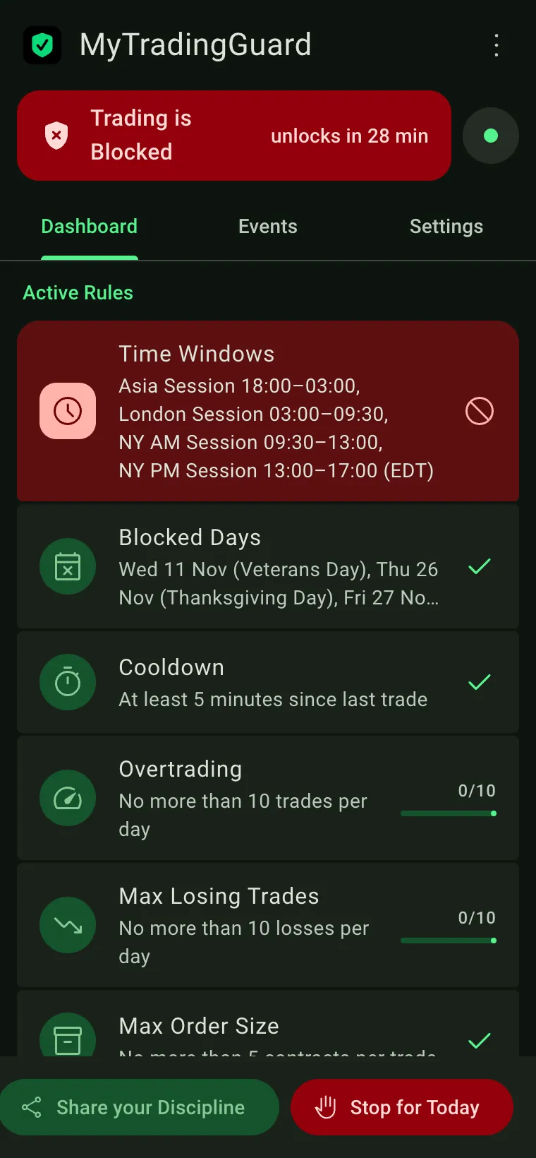 Dashboard with Trading is Enabled and the active rules