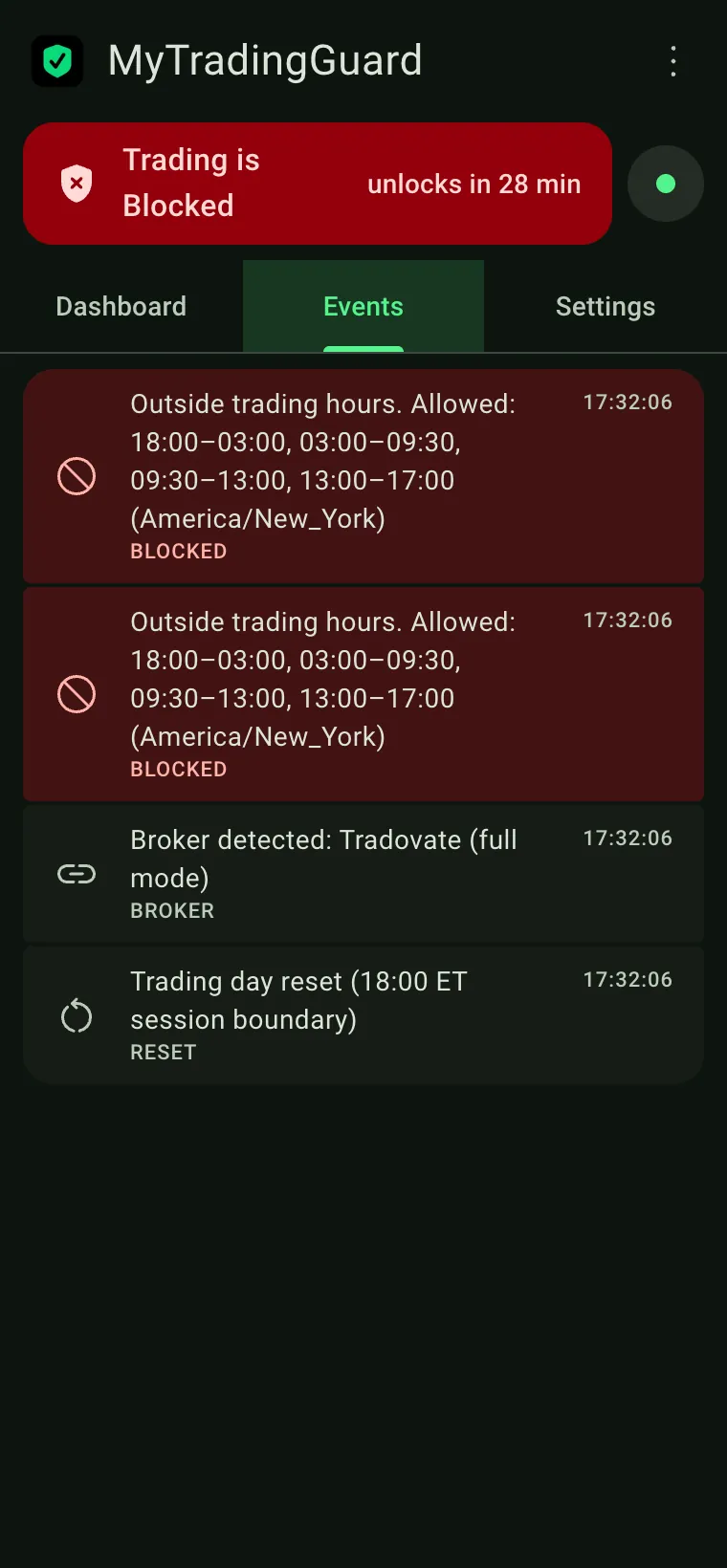 Events tab: two orders allowed, broker detected, trading day reset