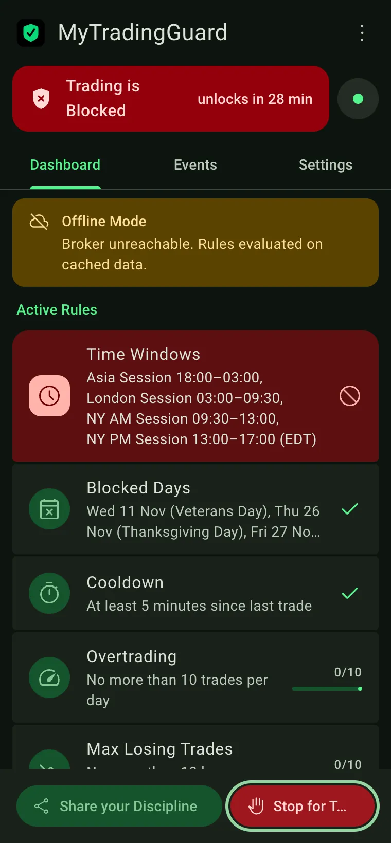 Dashboard with the orange Offline Mode banner
