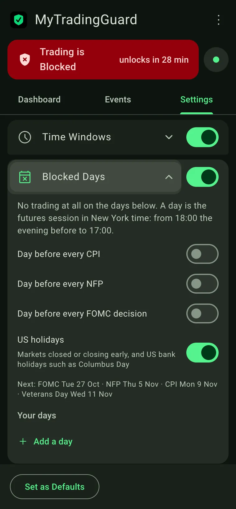 Settings, Blocked Days: switches for the day before CPI, NFP and FOMC, US holidays, your days