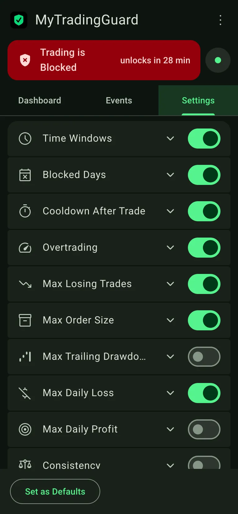 Settings tab: one row per rule with its switch