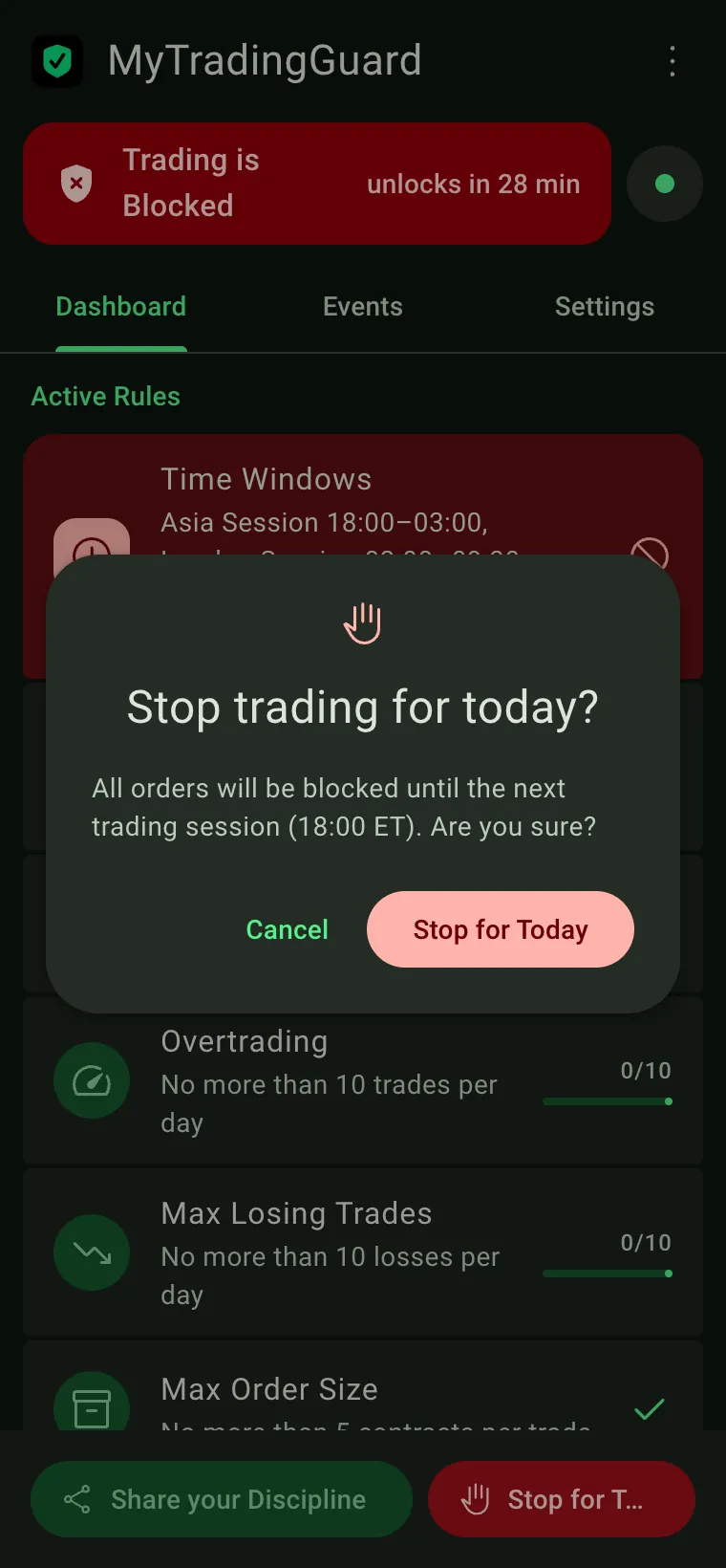 Stop trading for today? confirmation dialog
