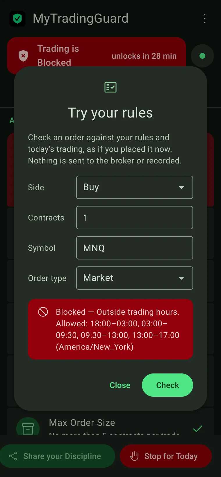 Try your rules dialog: a 1-contract Buy on MNQ, Allowed