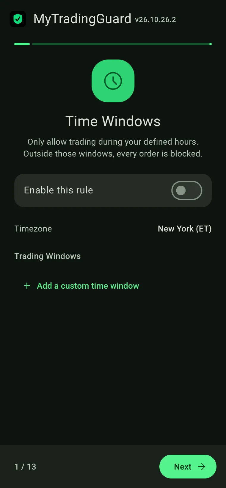 Wizard step 1 of 13: Time Windows
