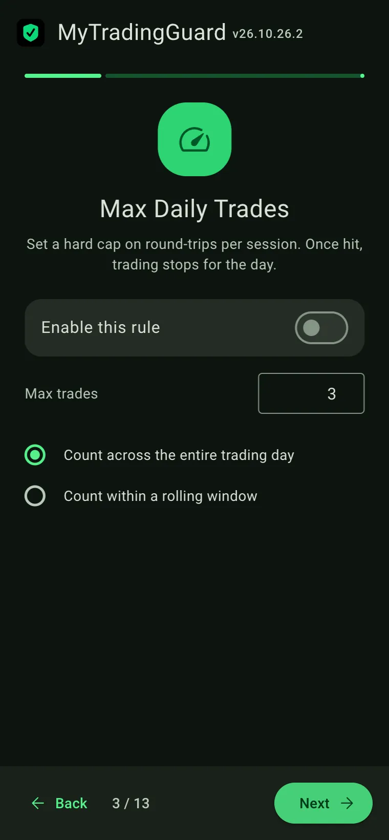Wizard step 3 of 13: Max Daily Trades
