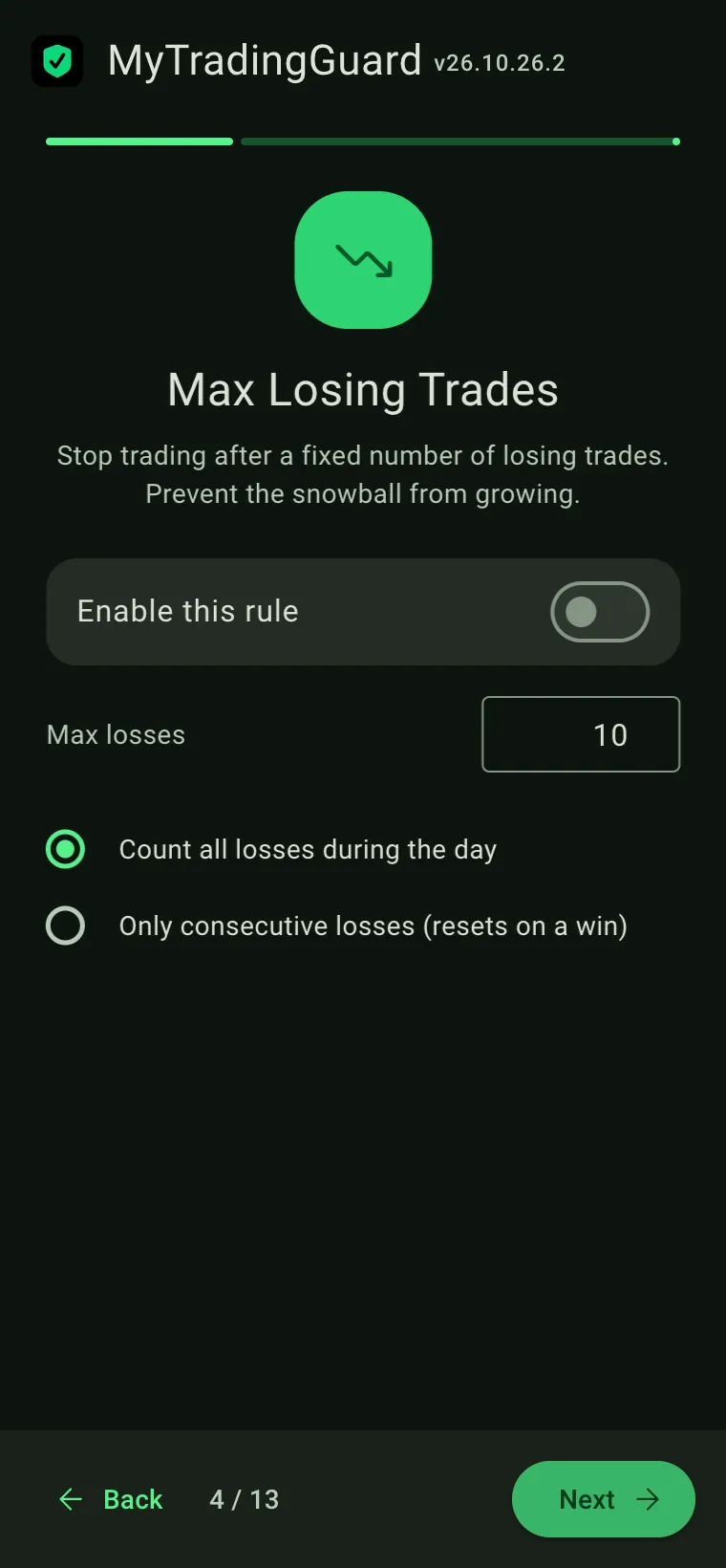 Wizard step 4 of 13: Max Losing Trades