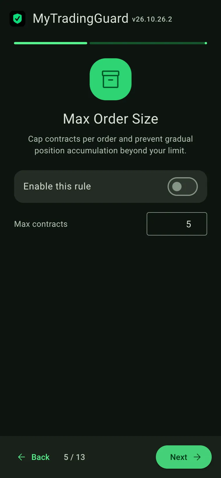 Wizard step 5 of 13: Max Order Size
