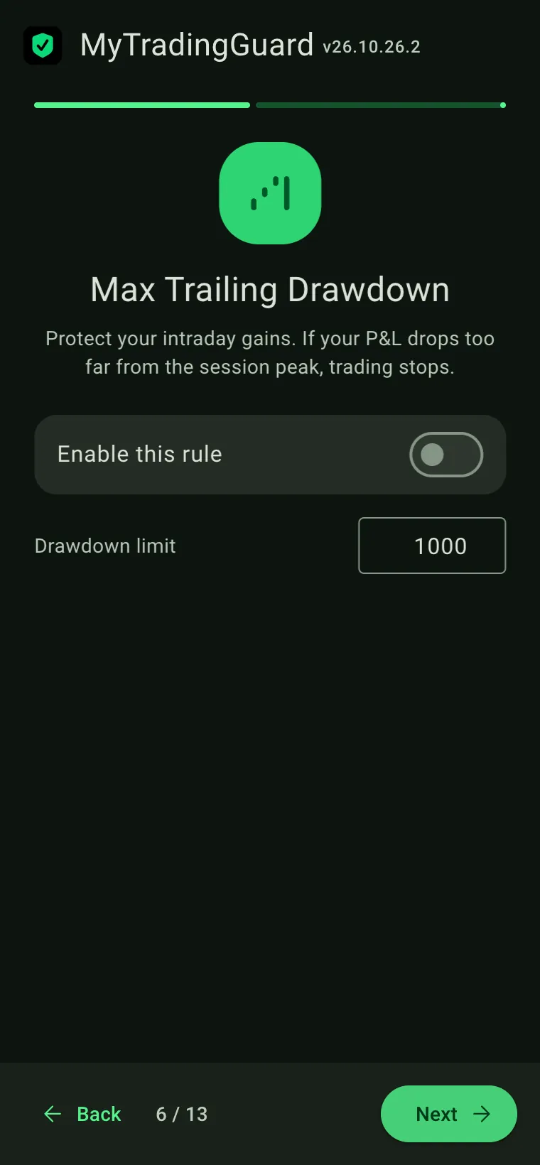 Wizard step 6 of 13: Max Trailing Drawdown
