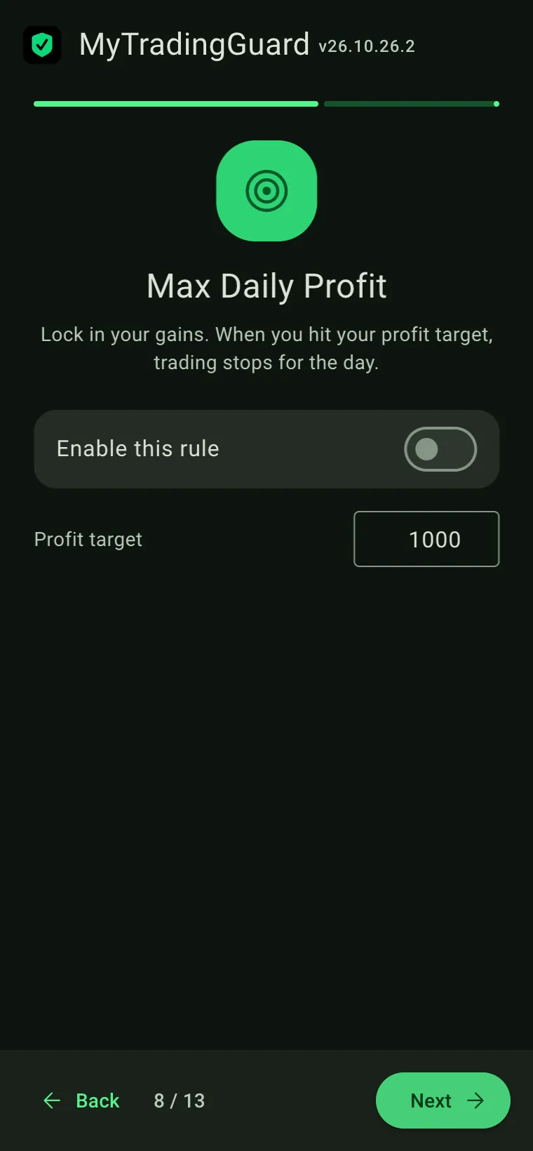 Wizard step 8 of 13: Max Daily Profit