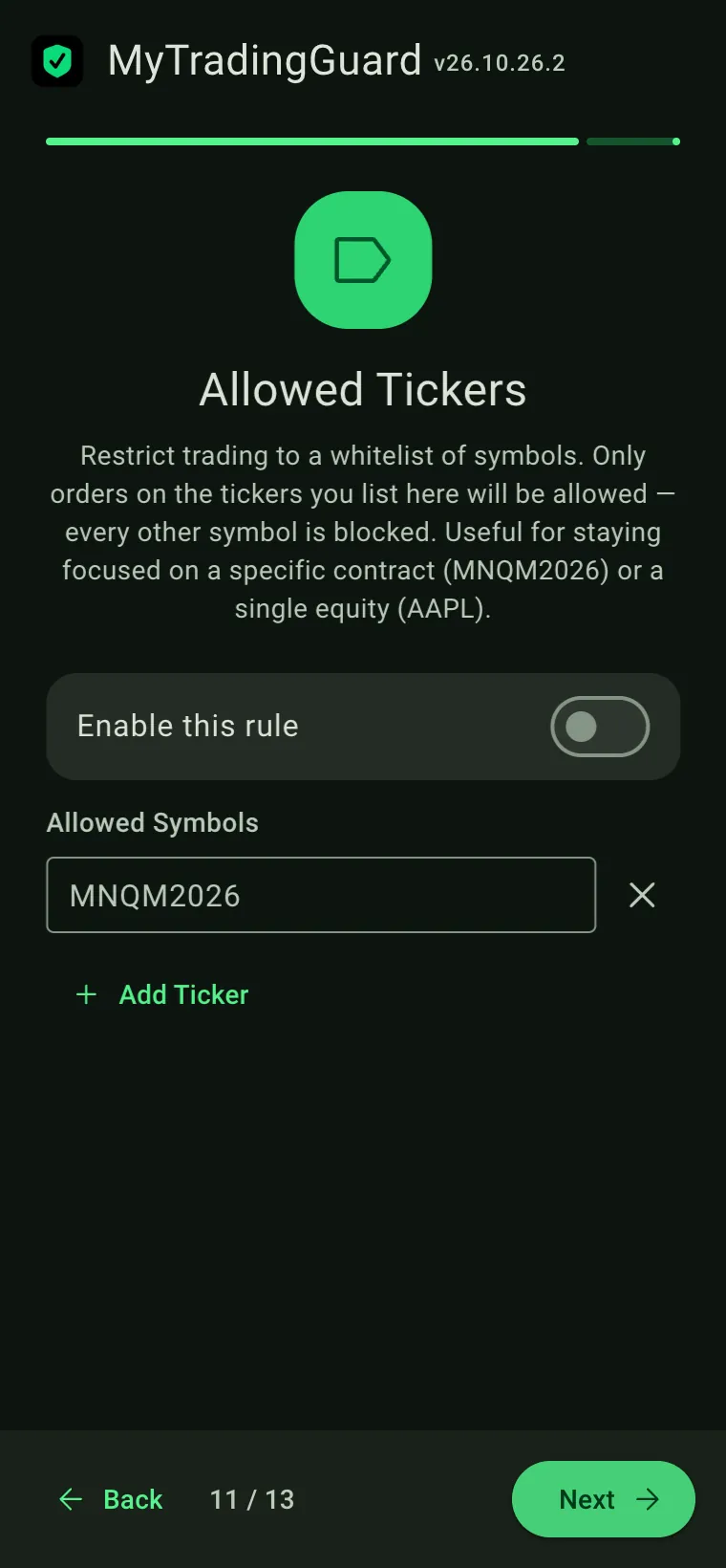 Wizard step 11 of 13: Allowed Tickers