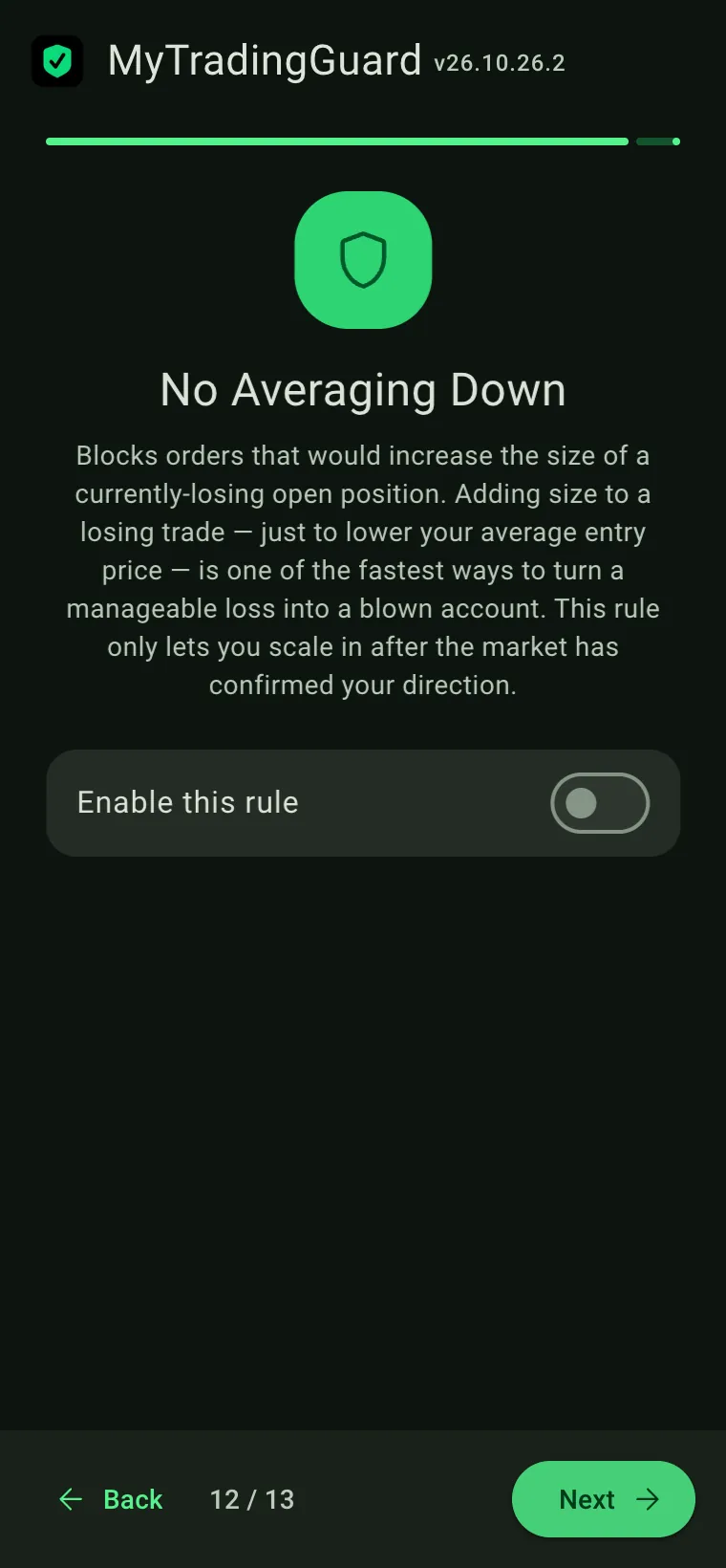 Wizard step 12 of 13: No Averaging Down