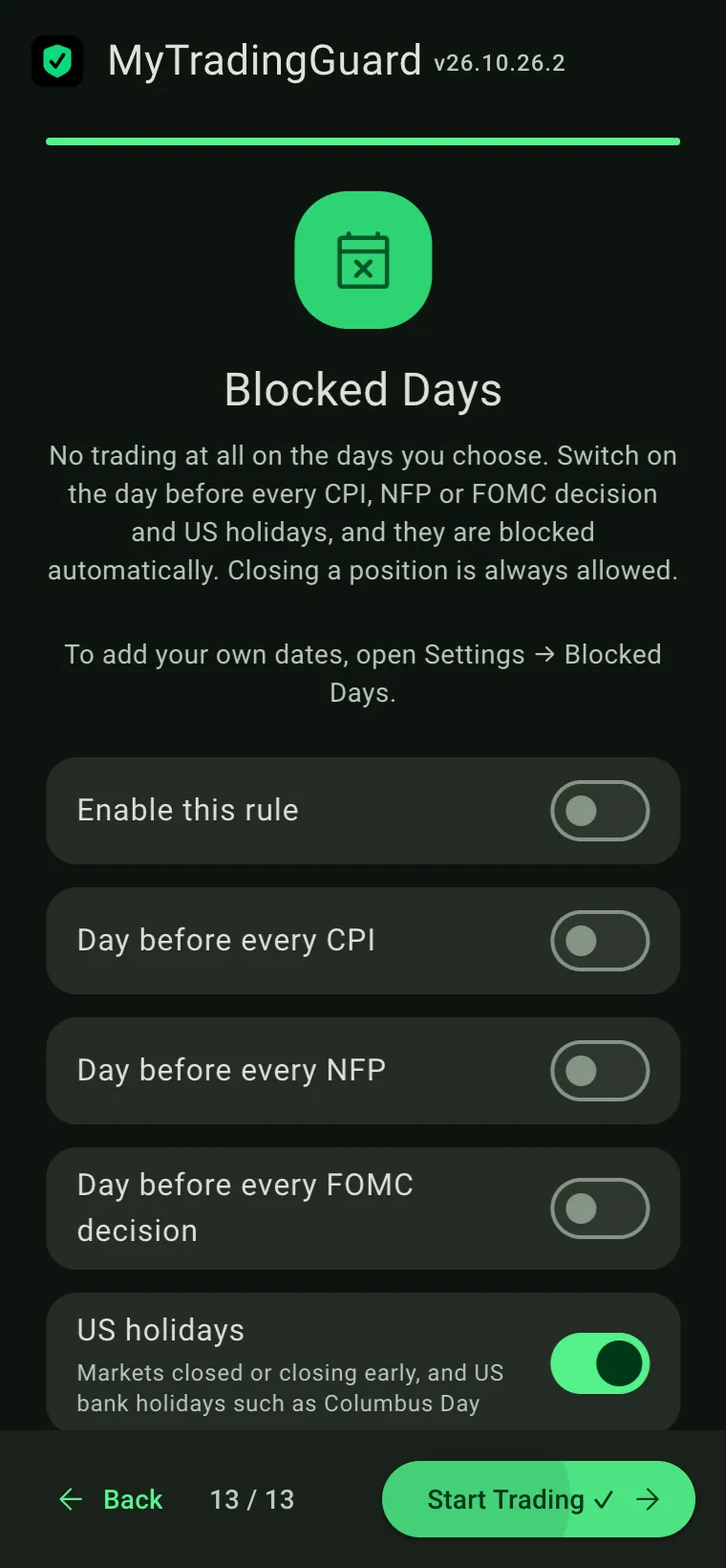 Wizard step 13 of 13: Blocked Days
