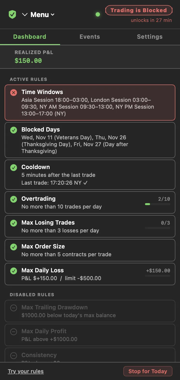 Dashboard with Trading is Enabled, realized P&L and the active rules