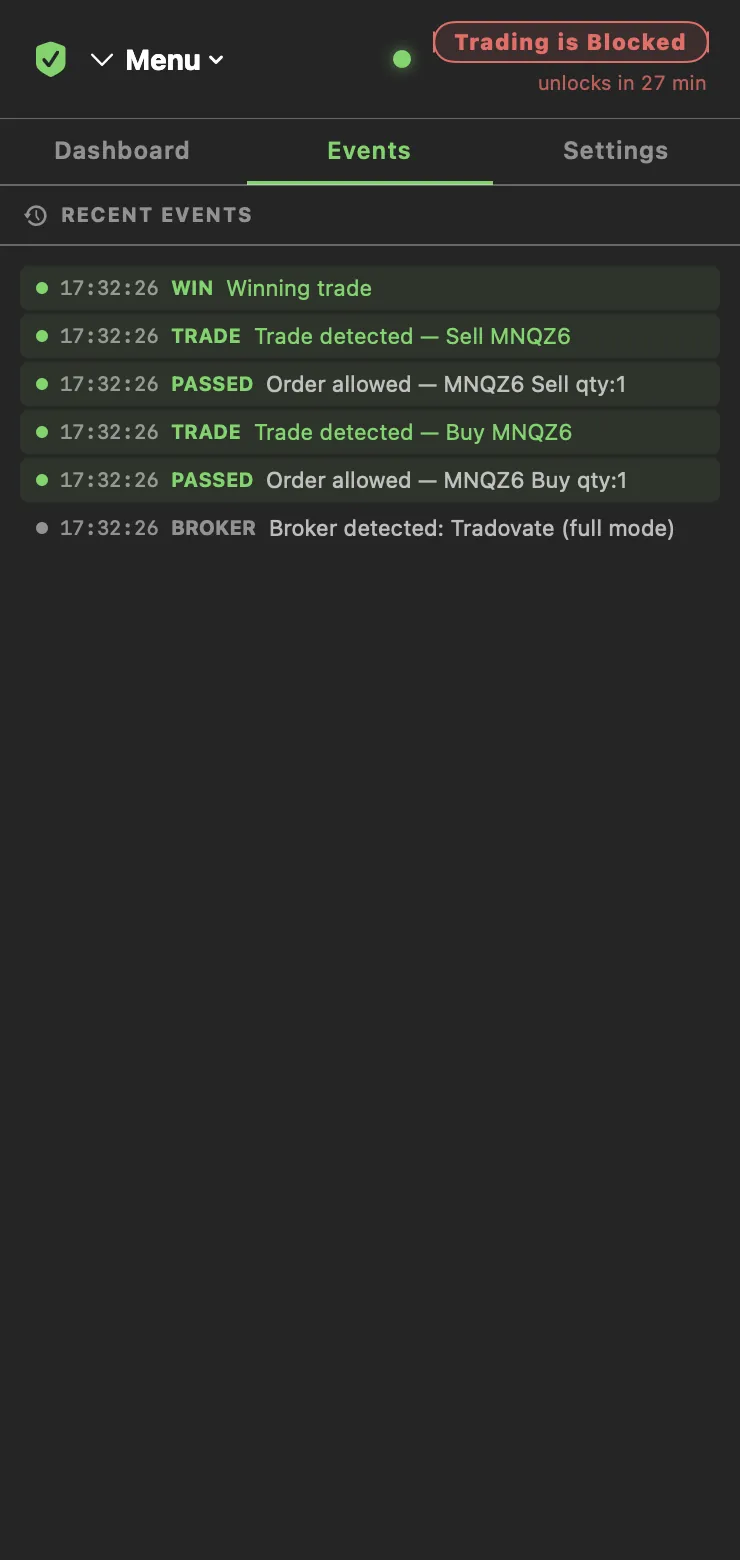 Events tab: orders allowed, trades detected, a winning trade, broker detected