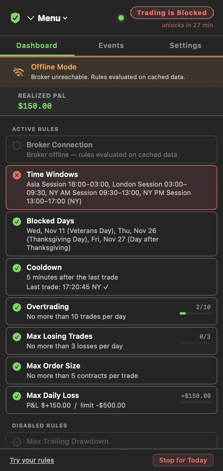 Dashboard with the orange Offline Mode banner