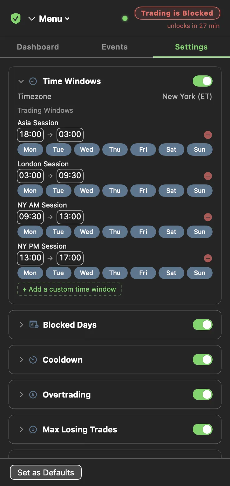 Settings tab: Time Windows open, one row per rule with its switch