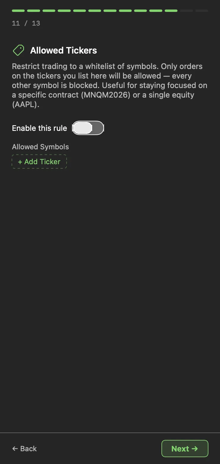 Wizard step 11 of 13: Allowed Tickers
