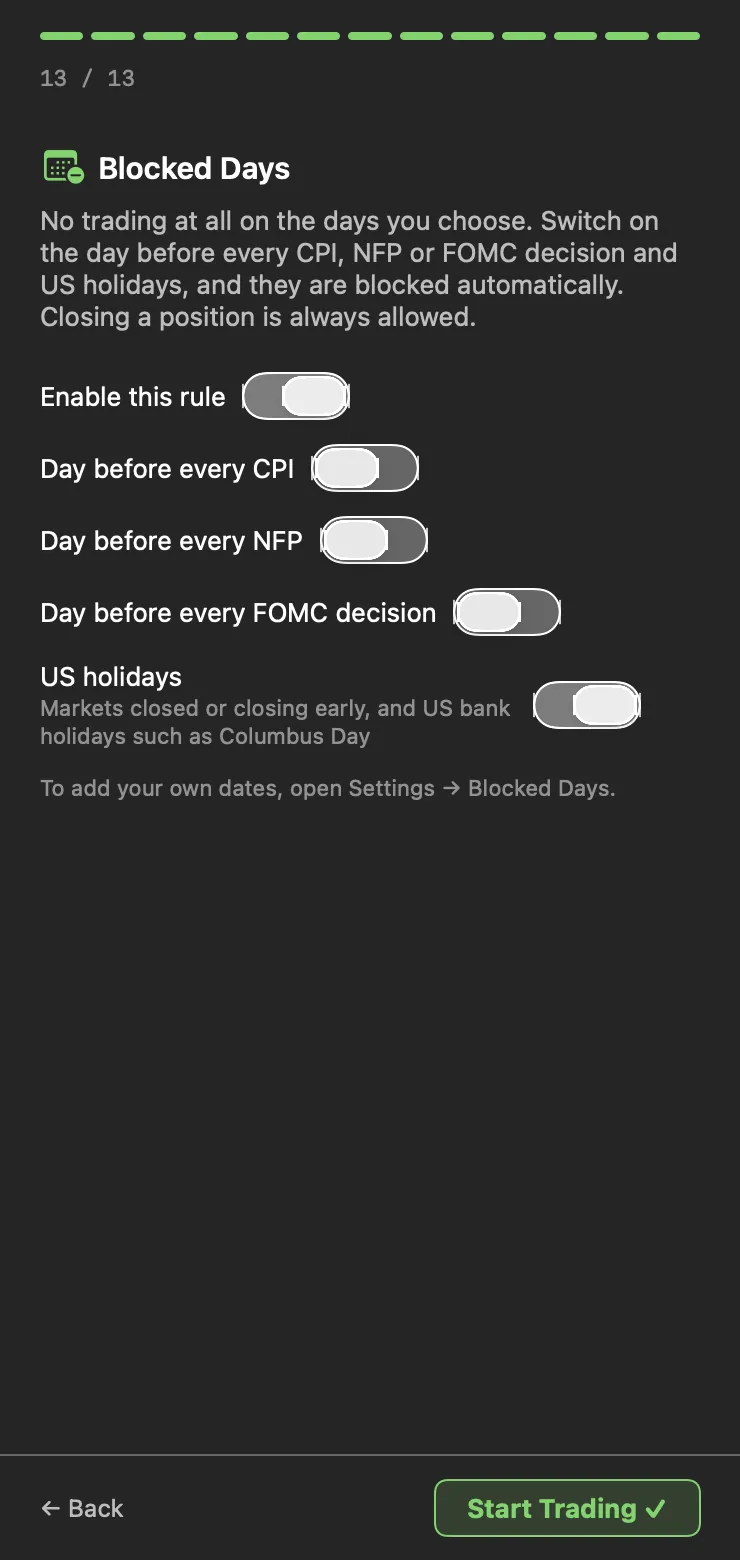 Wizard step 13 of 13: Blocked Days